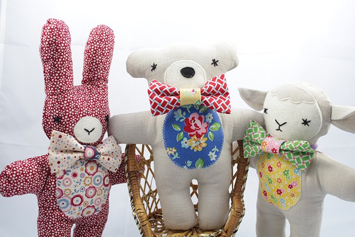 Three cute little stuffed animals: bunny, bear and lambkin, a new softie pattern by Nadra Ridgeway of ellis & higgs