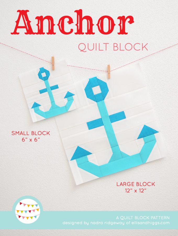 Anchor quilt block in two sizes hanging on a wall