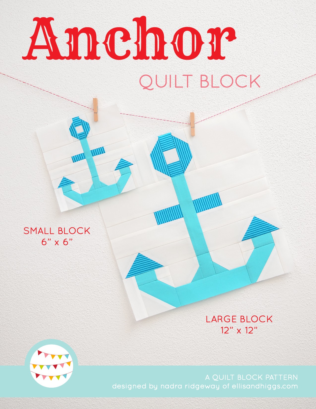 Anchor quilt block in two sizes hanging on a wall