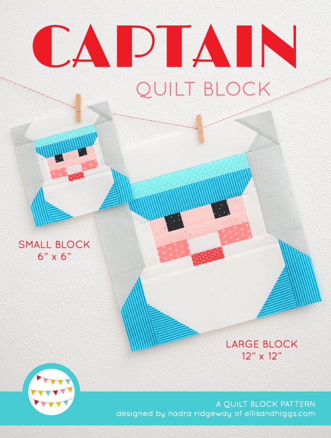 Captain quilt block in two sizes hanging on a wall