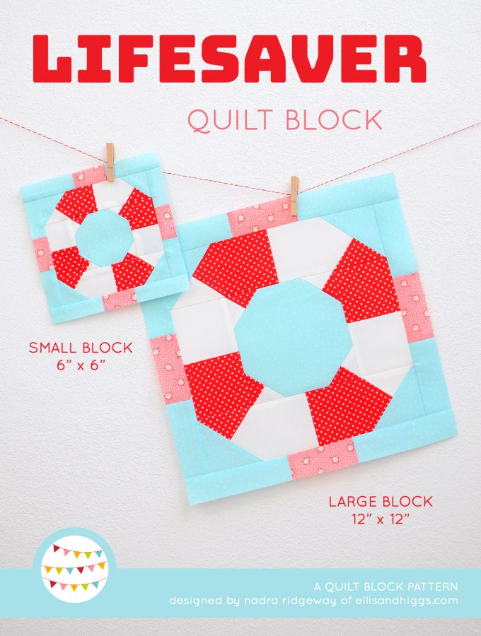 Lifesaver quilt block in two sizes hanging on a wall