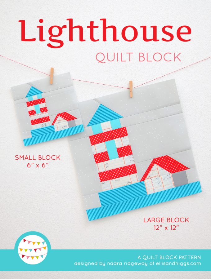Lighthouse quilt block in two sizes hanging on a wall
