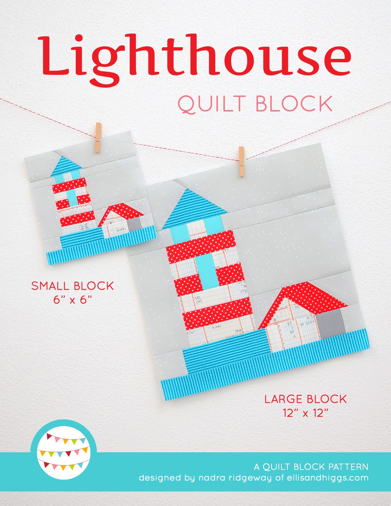 Lighthouse quilt block in two sizes hanging on a wall