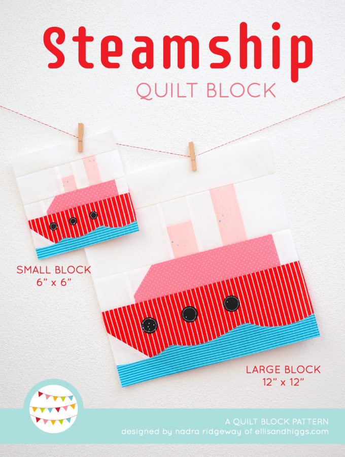 Steamship quilt block in two sizes hanging on a wall