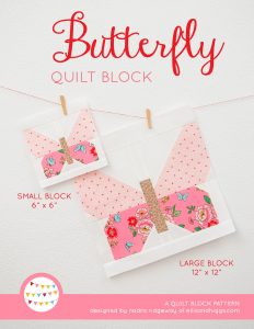 Butterfly quilt block in two sizes hanging on a wall