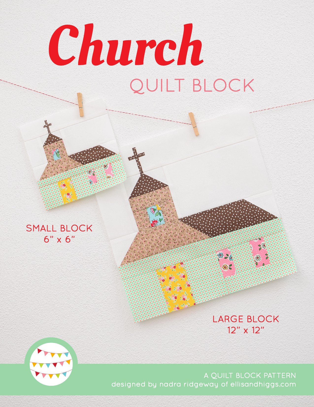 Church quilt block in two sizes hanging on a wall