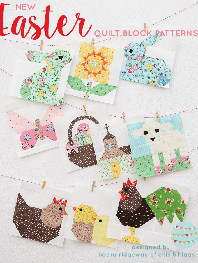 Ten Easter quilt blocks hanging on the wall.