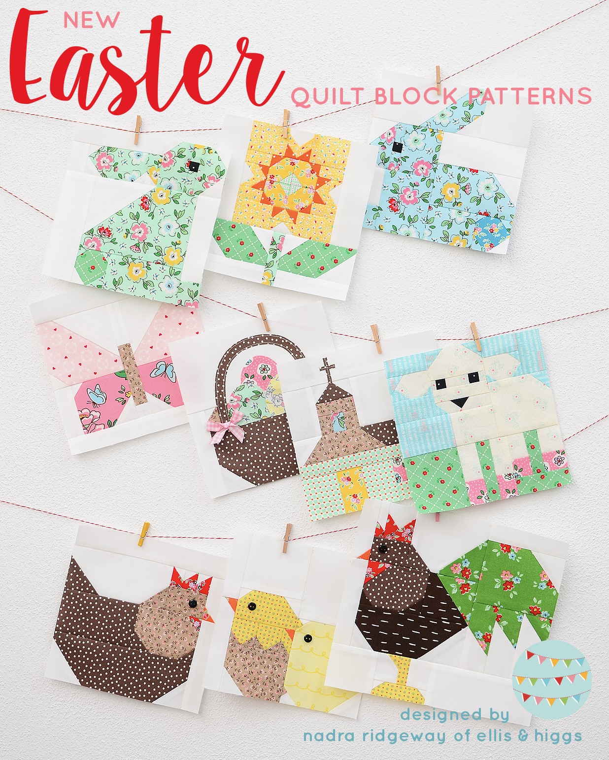 Ten Easter quilt blocks hanging on the wall.