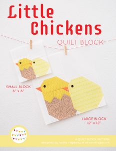 Little Chickens quilt block in two sizes hanging on a wall