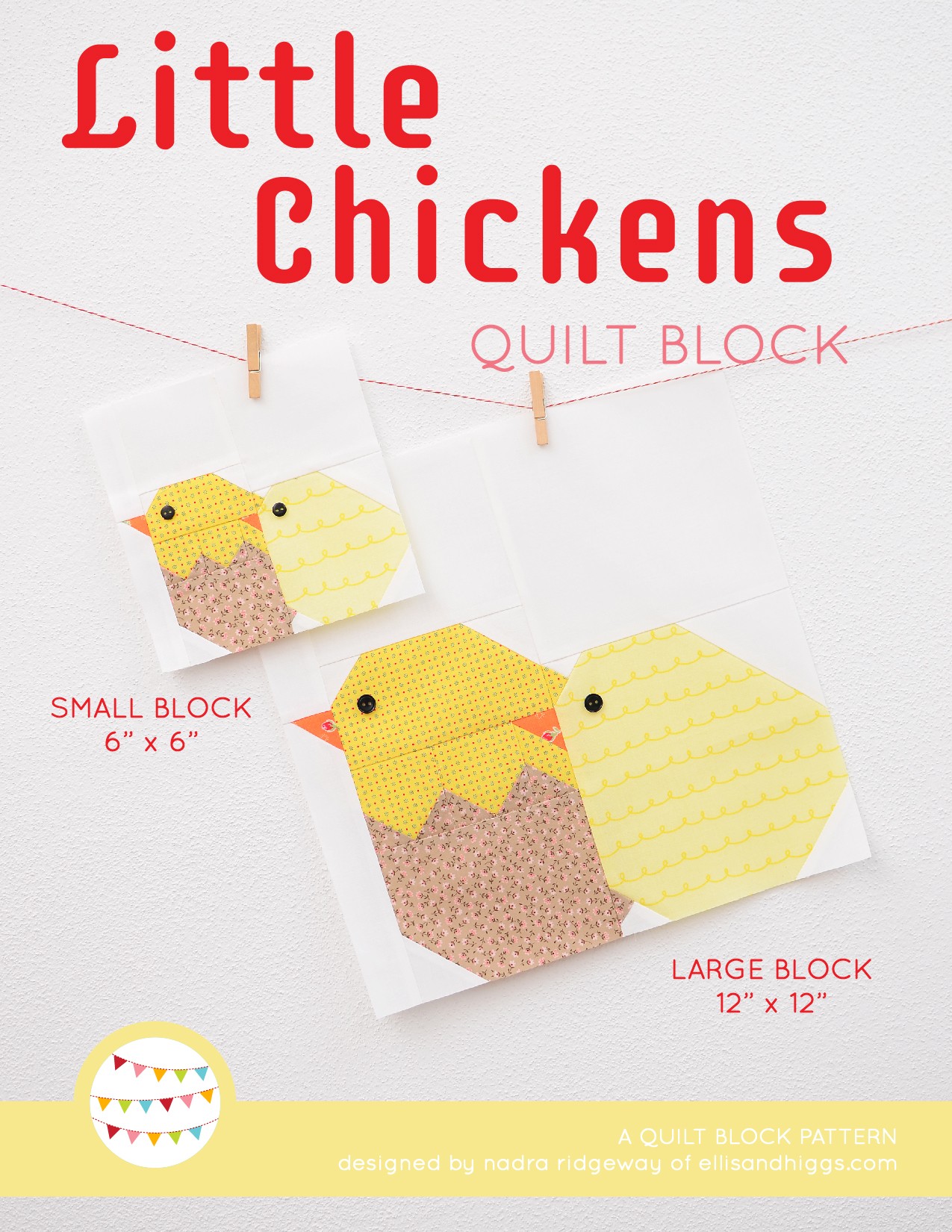 Little Chickens quilt block in two sizes hanging on a wall