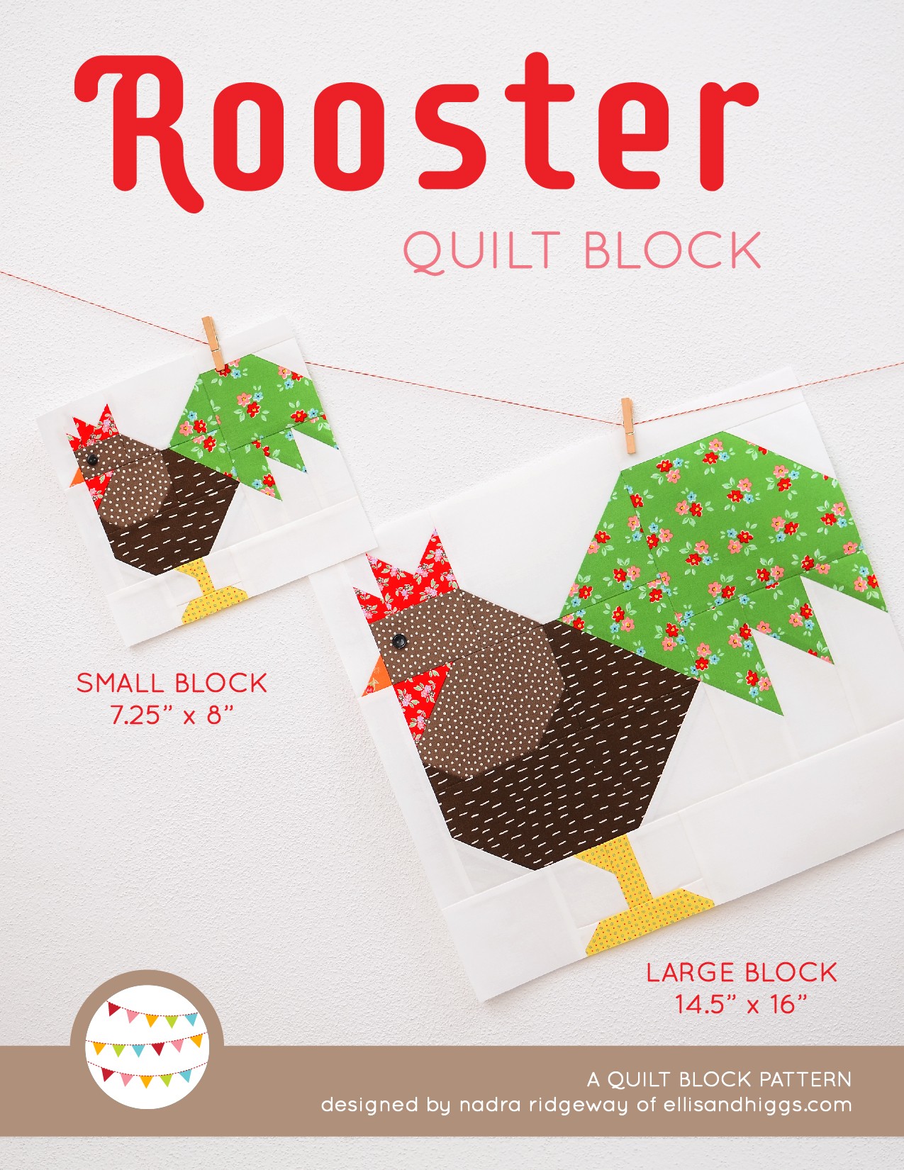 Rooster quilt block in two sizes hanging on a wall