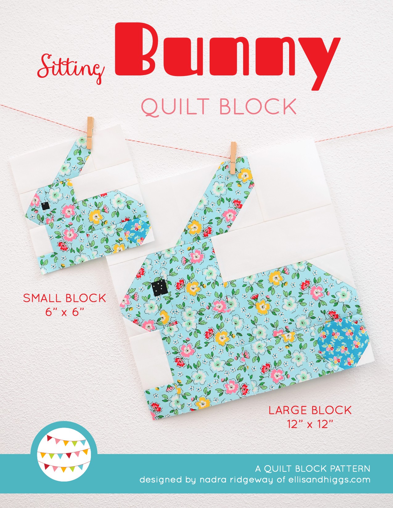 Sitting Bunny quilt block in two sizes hanging on a wall
