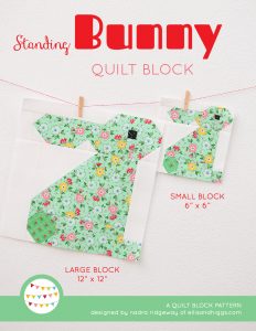 Standing Bunny quilt block in two sizes hanging on a wall