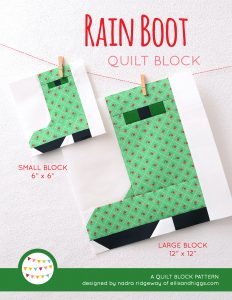 Rain Boots quilt block in two sizes hanging on a wall