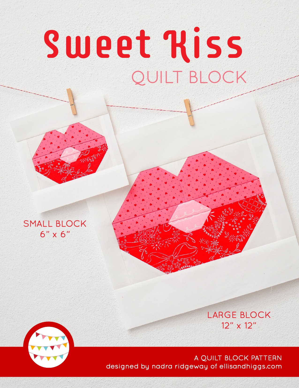 Lips quilt block in two sizes hanging on a wall