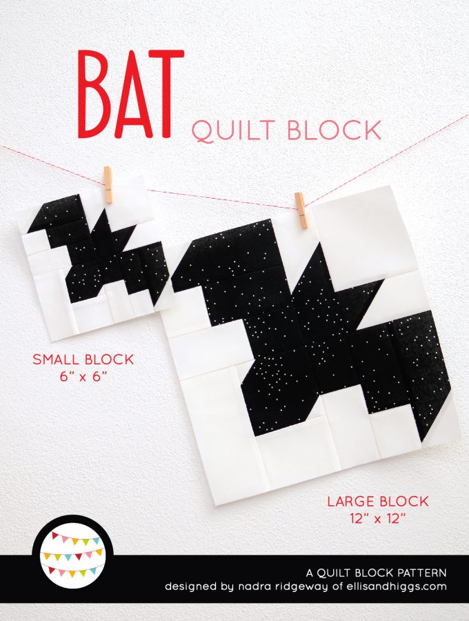 Bat quilt block in two sizes hanging on a wall