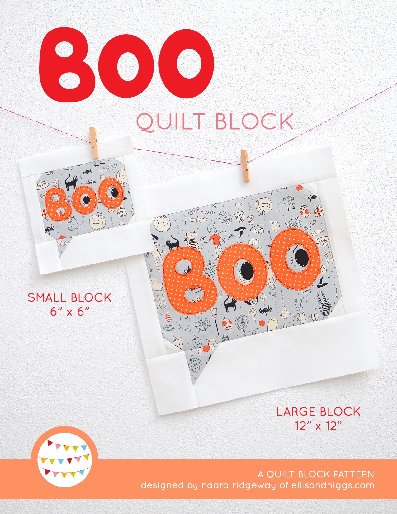 Boo quilt block in two sizes hanging on a wall