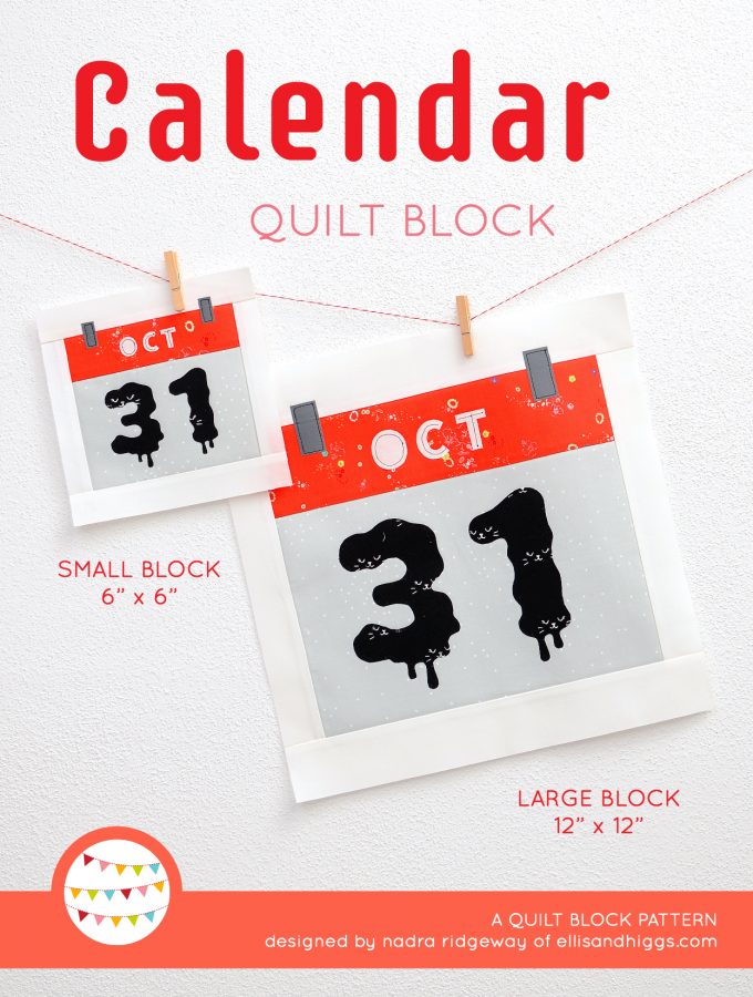 Calendar quilt block in two sizes hanging on a wall