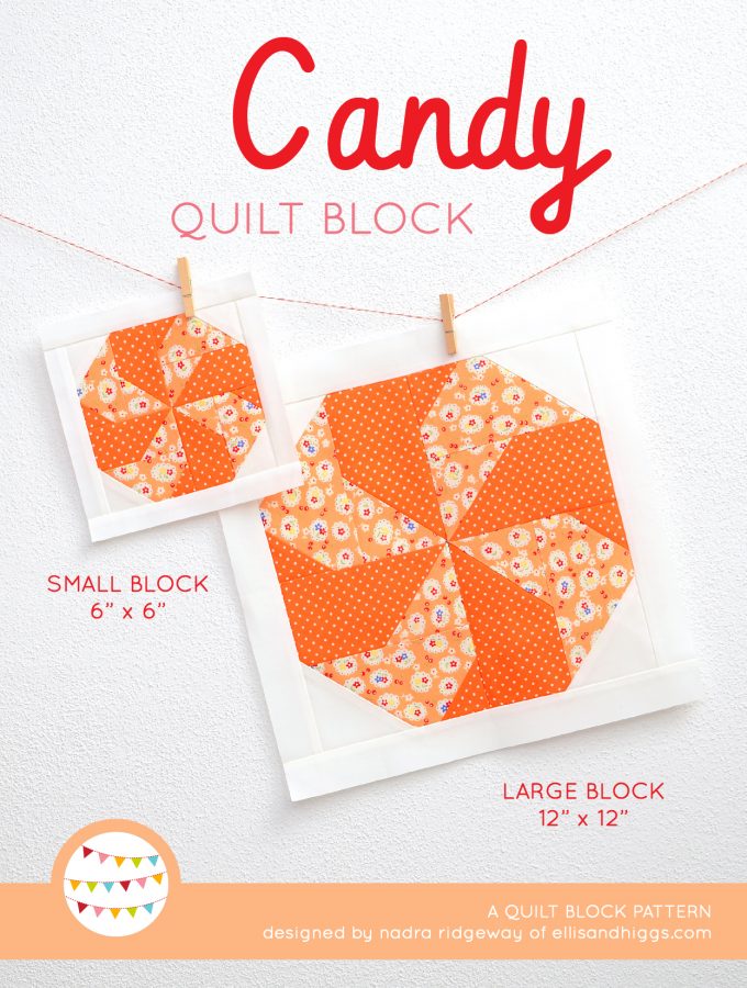 Candy quilt block in two sizes hanging on a wall