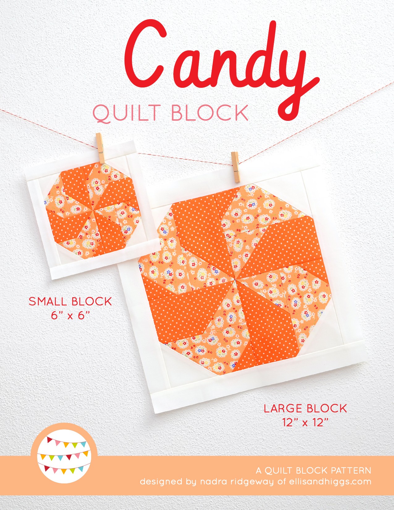 Candy quilt block in two sizes hanging on a wall