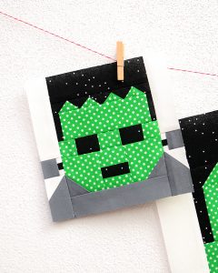 6 Inch Frankenstein quilt block hanging on a wall
