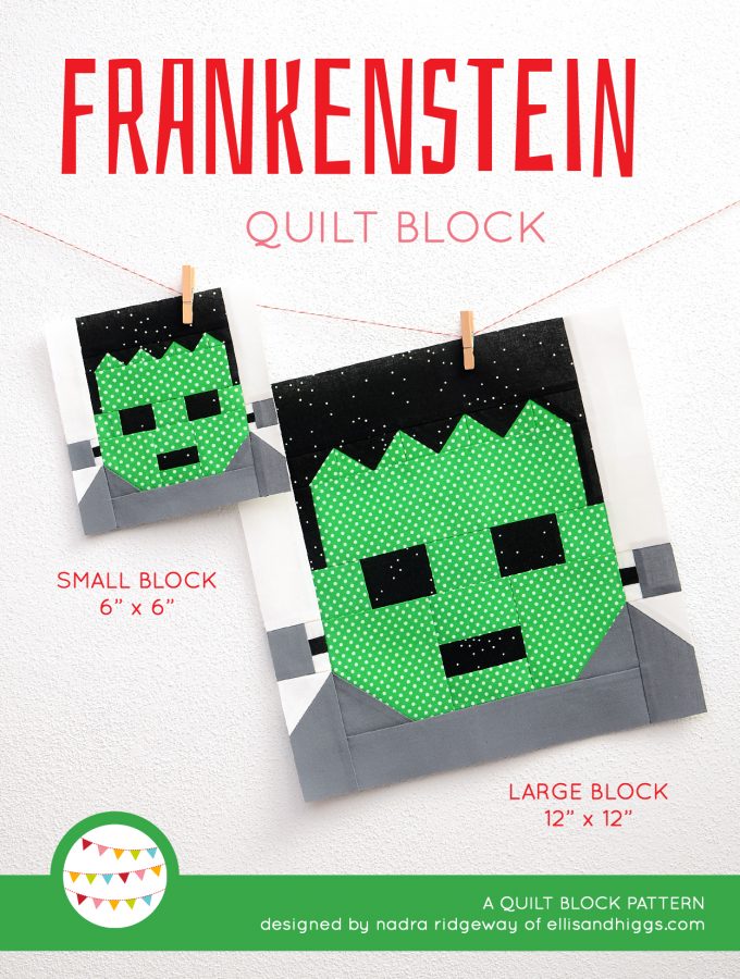 Frankenstein quilt block in two sizes hanging on a wall