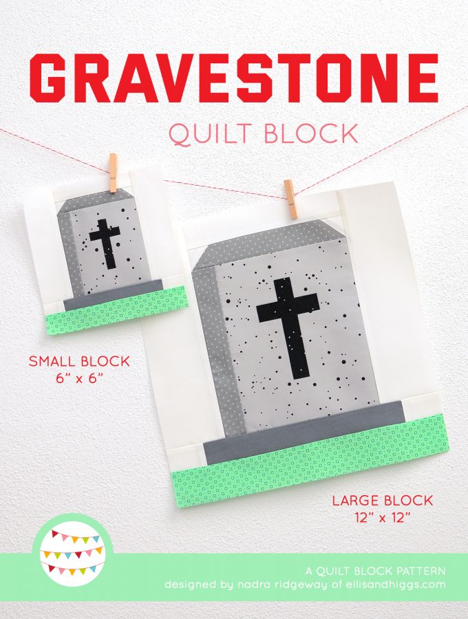 Gravestone quilt block in two sizes hanging on a wall