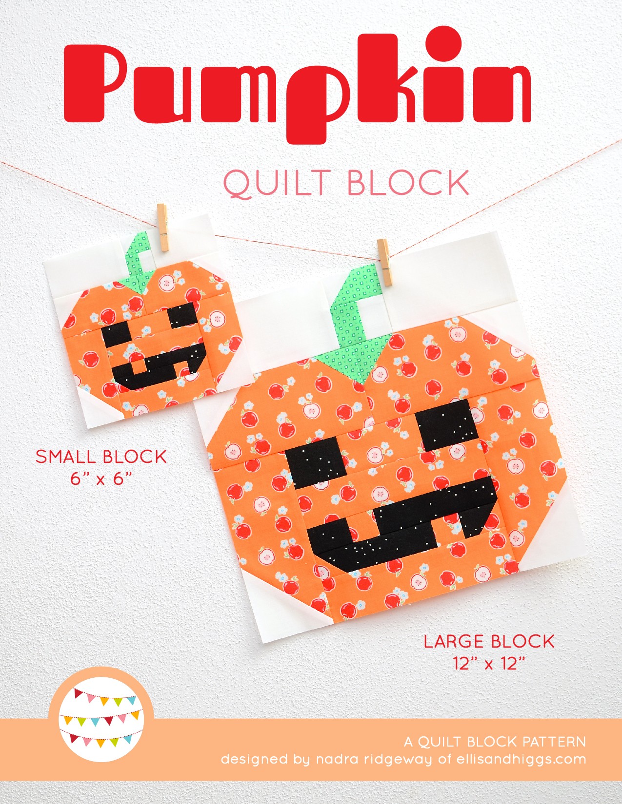 Pumpkin quilt block in two sizes hanging on a wall