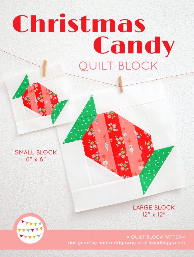 Candy quilt block in two sizes hanging on a wall - Christmas quilt pattern