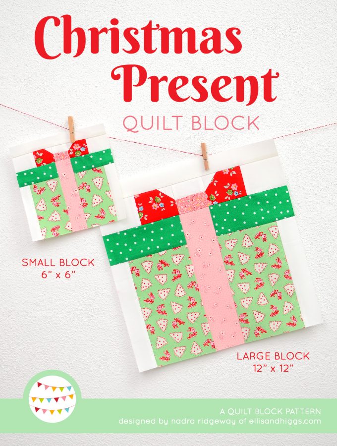 Christmas Present quilt block in two sizes hanging on a wall - Christmas quilt pattern