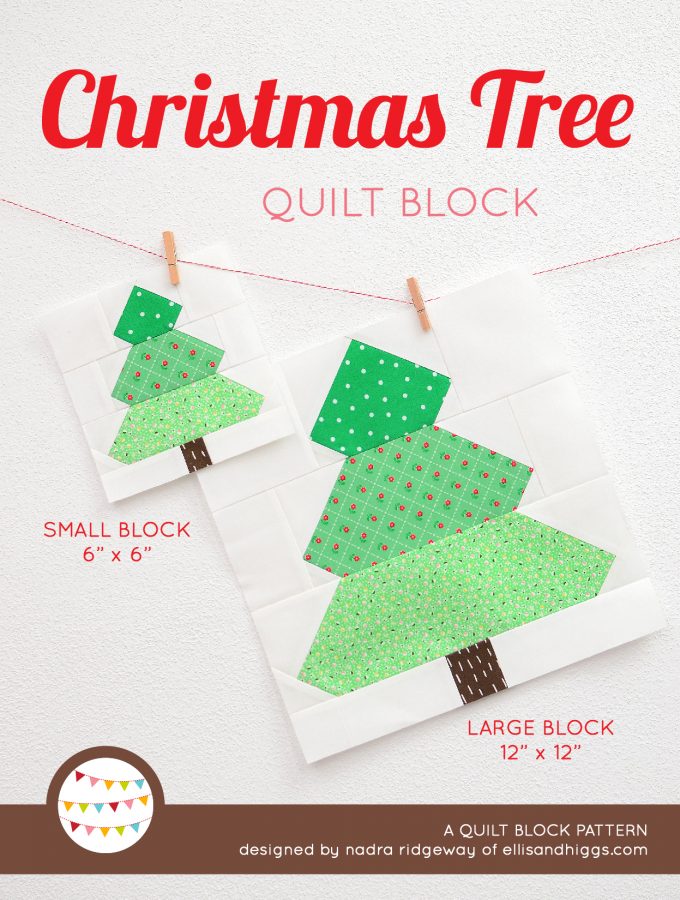 Christmas Tree quilt block in two sizes hanging on a wall - Christmas quilt pattern