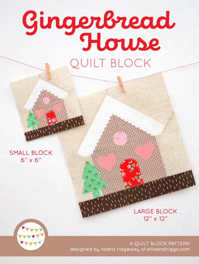 Gingerbread House quilt block in two sizes hanging on a wall - Christmas quilt pattern