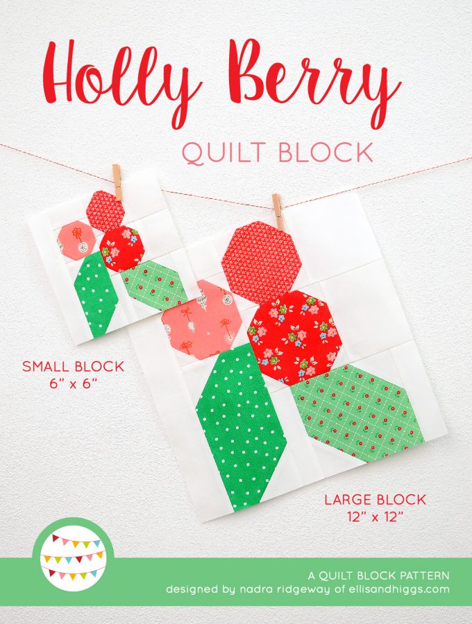 Holly Berry quilt block in two sizes hanging on a wall - Christmas quilt pattern