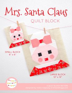 Mrs Santa Claus quilt block in two sizes hanging on a wall - Christmas quilt pattern