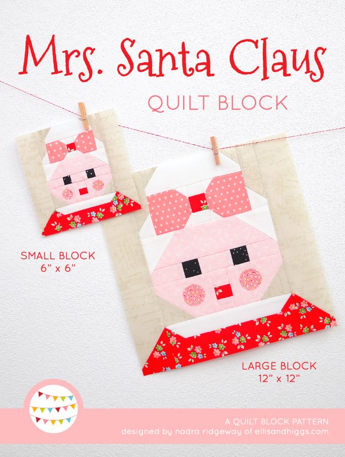 Mrs Santa Claus quilt block in two sizes hanging on a wall - Christmas quilt pattern