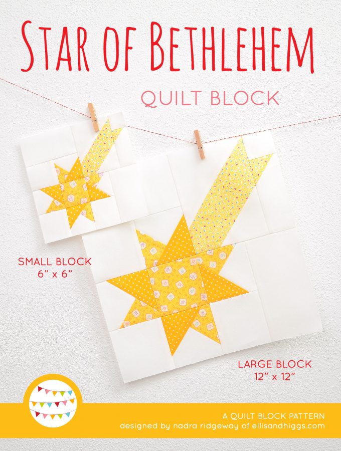 Star quilt block in two sizes hanging on a wall - Christmas quilt pattern