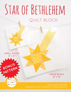 Star quilt block in two sizes hanging on a wall - Christmas quilt pattern