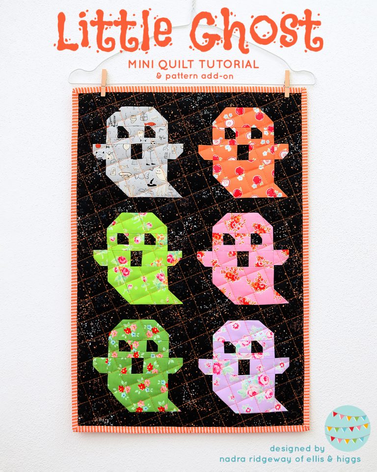"Little Ghosts” is a Free Mini Halloween Quilt Pattern designed by Nadra from Ellis & Higgs!
